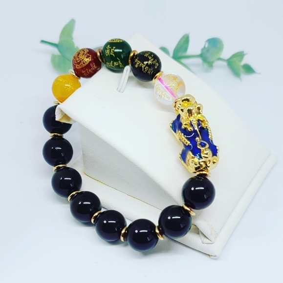 Natural Black Obsidian Pixiu Mantra men's Bracelet - Picture 1 of 3